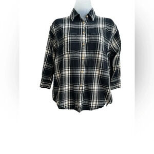 Madewell Flannel Button Front Shirt 3/4” Sleeves Black/Cream Plaid Sz XS